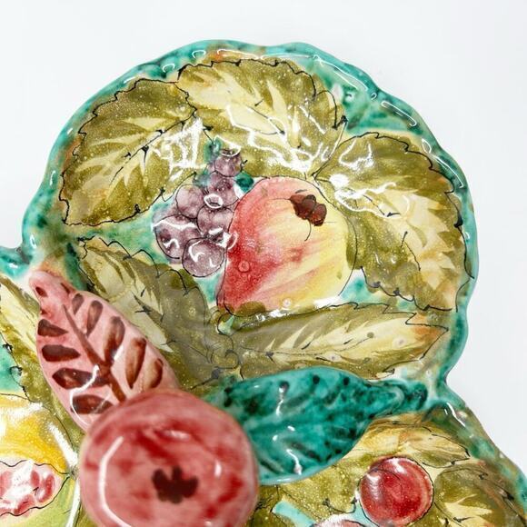 Vintage Italian Hand Painted Pottery Majolica Fruits Leaves Divided Serving Dish - Picture 6 of 13